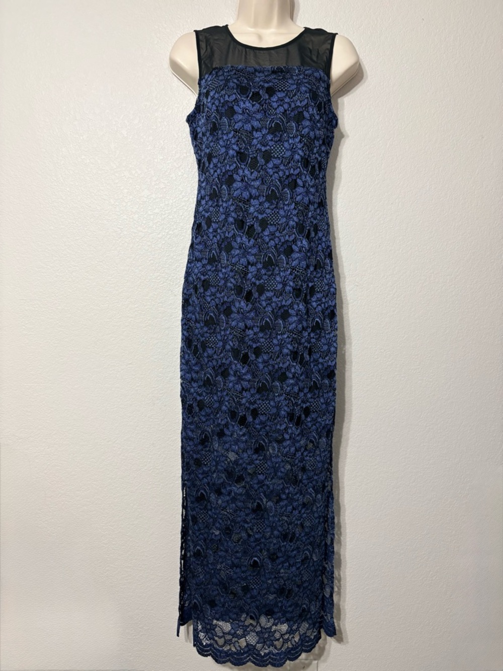 CeCe Dark Romantic Navy Blue‎ Lace Maxi Dress with Black Sheer Yoke Side Slits 2